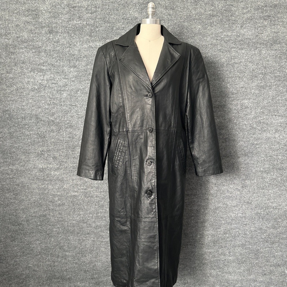 Vintage Omint Trench Coat Womens L Black Leather Long Classic Gothic Jacket - Picture 2 of 16